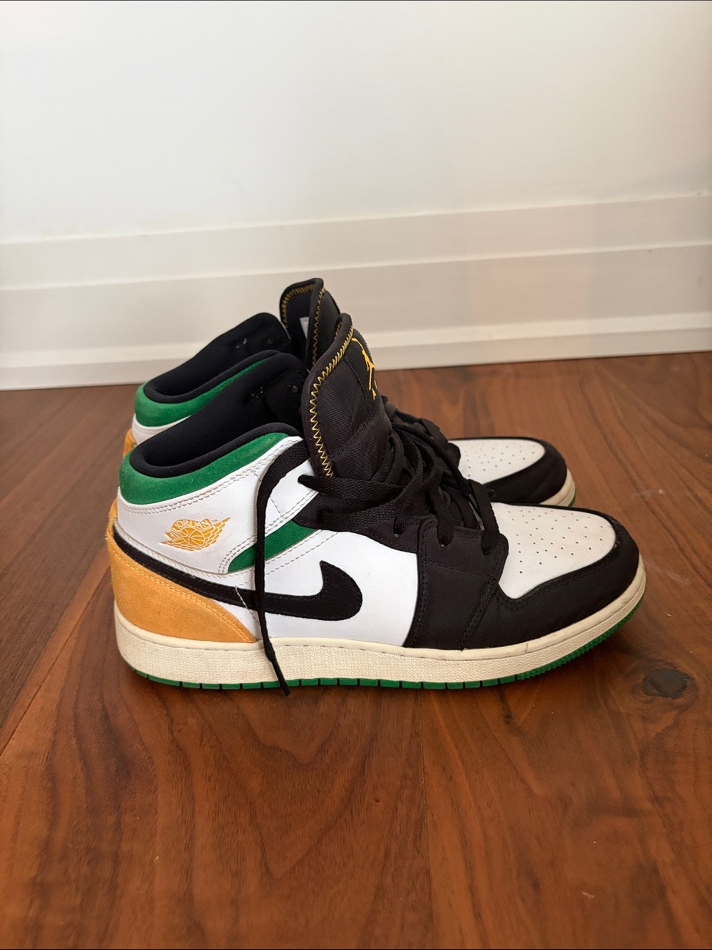 Jordan Mid Sneakers in White, Black, Green & Gold